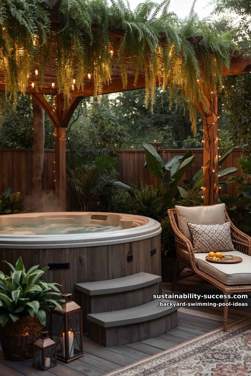 cozy round hot tub nestled under a wooden pergola with string lights 1