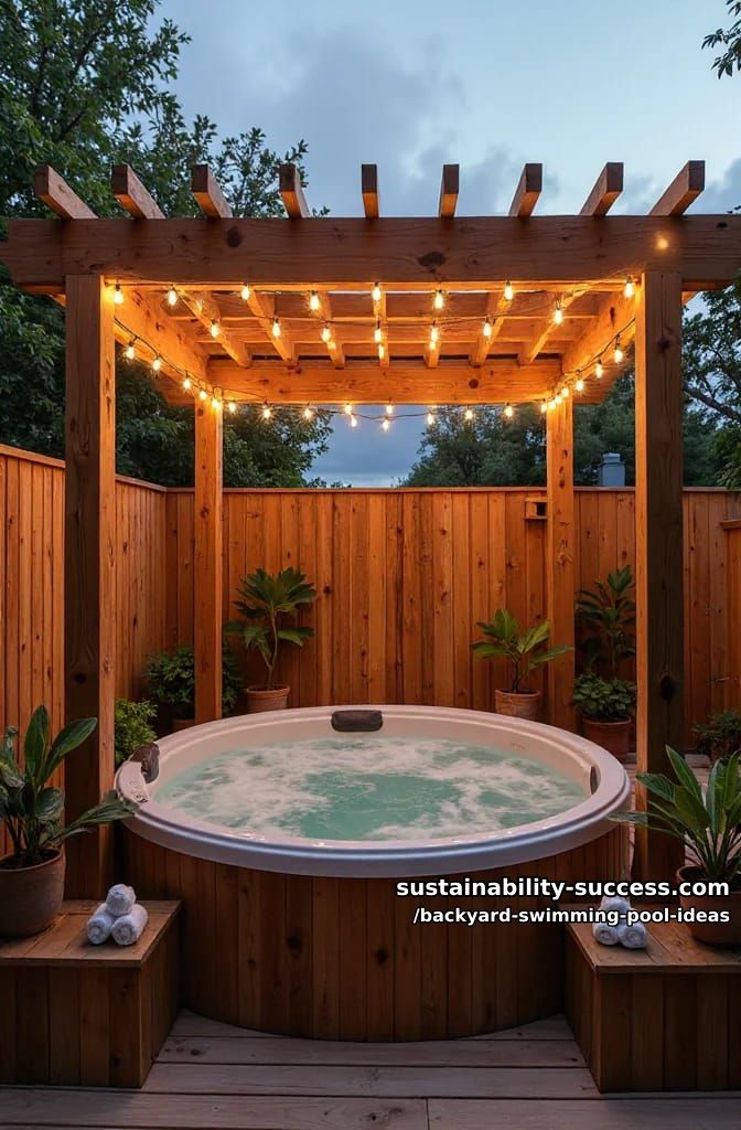 cozy round hot tub nestled under a wooden pergola with string lights 1