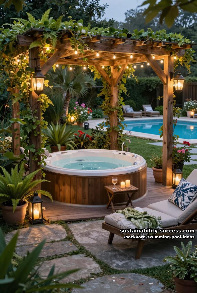cozy round hot tub nestled under a wooden pergola with string lights 1