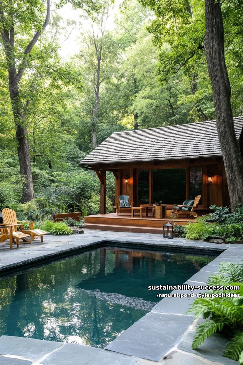 cozy woodland pool house beside a stone-bordered natural swimming pond 1