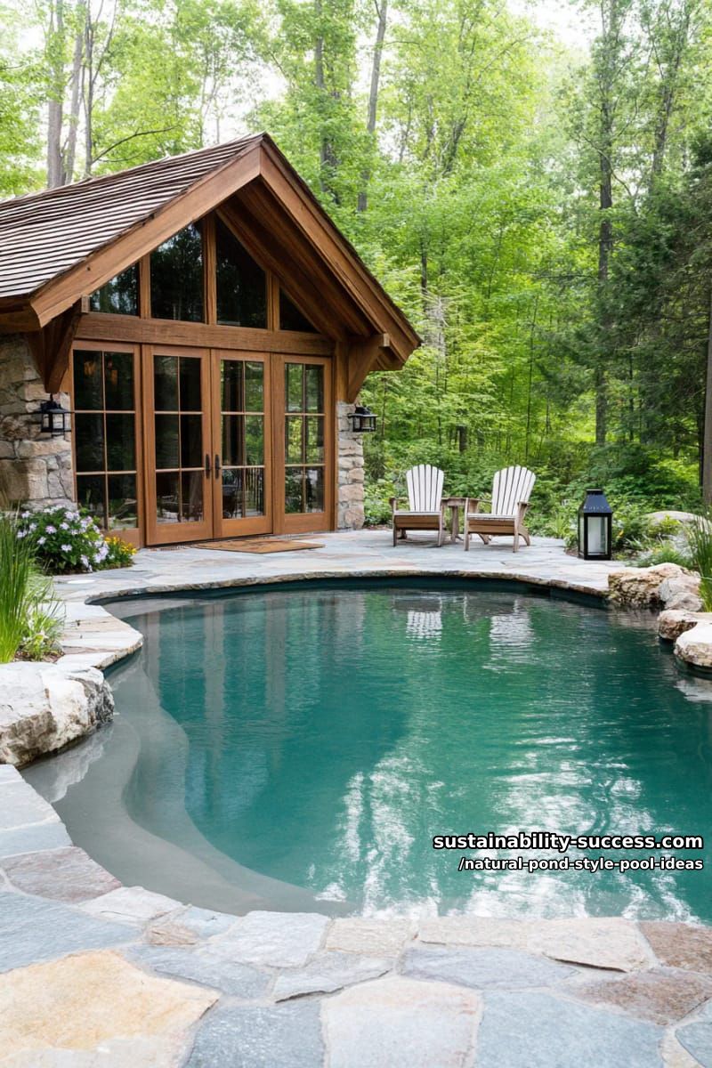 cozy woodland pool house beside a stone-bordered natural swimming pond 1