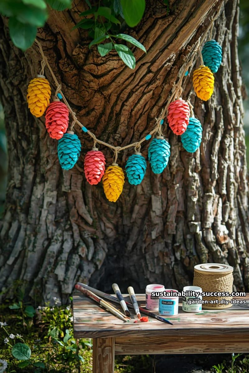 23 Creative Garden Art DIY Ideas for a Unique Outdoor Decor 5 craft pinecone garlands using bright paints and twine for tree branches. 1