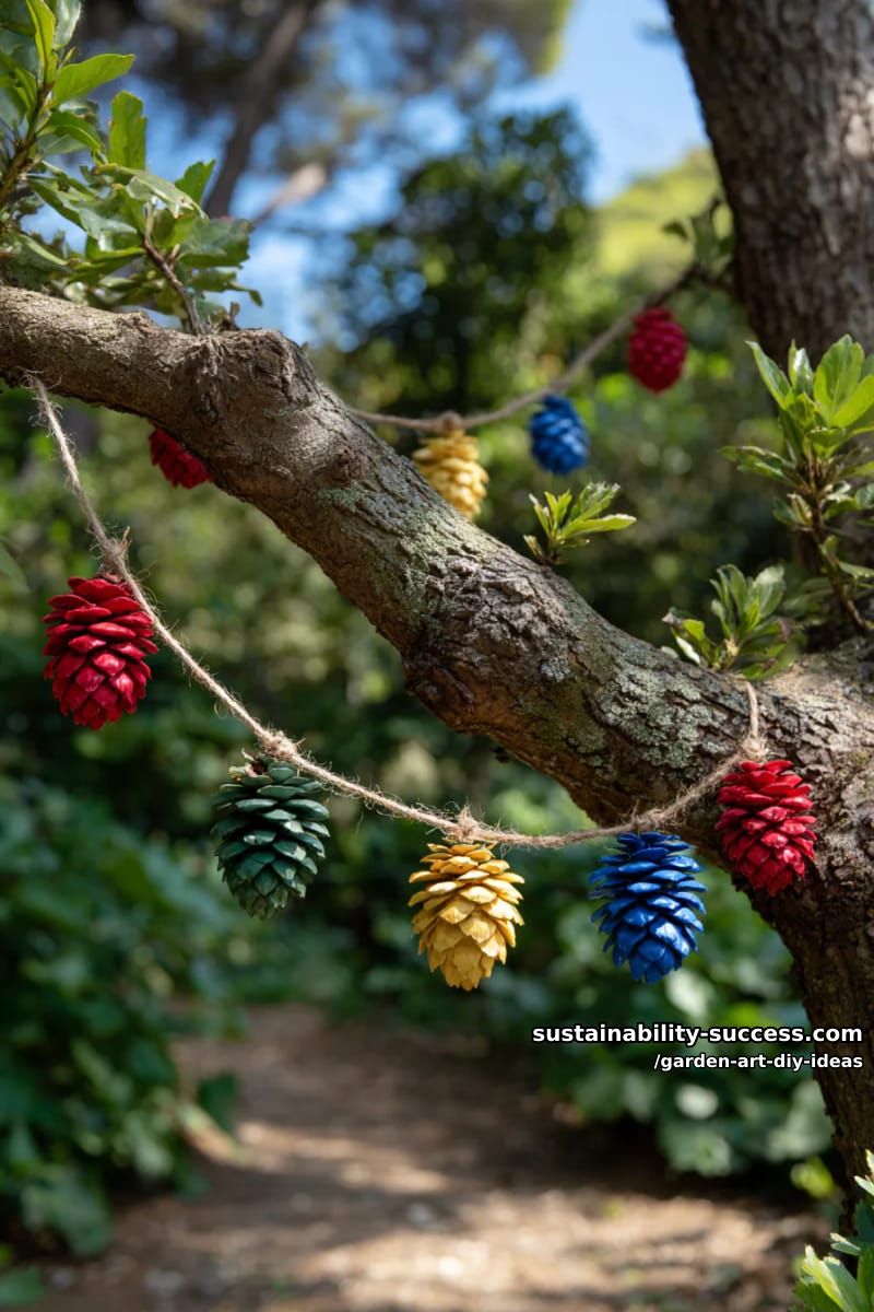 23 Creative Garden Art DIY Ideas for a Unique Outdoor Decor 6 craft pinecone garlands using bright paints and twine for tree branches. 1