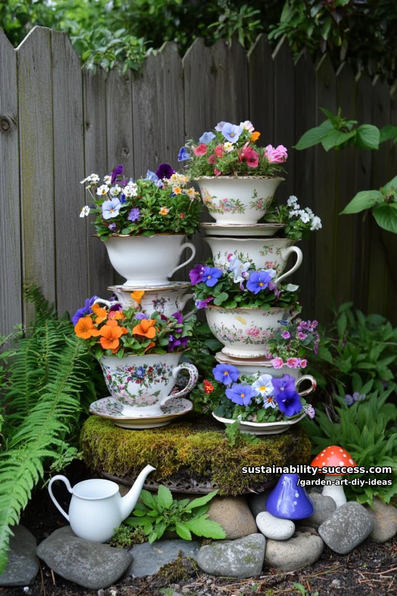 23 Creative Garden Art DIY Ideas for a Unique Outdoor Decor 52 craft stacked teacup towers decorated with flowers for whimsical garden corners. 1