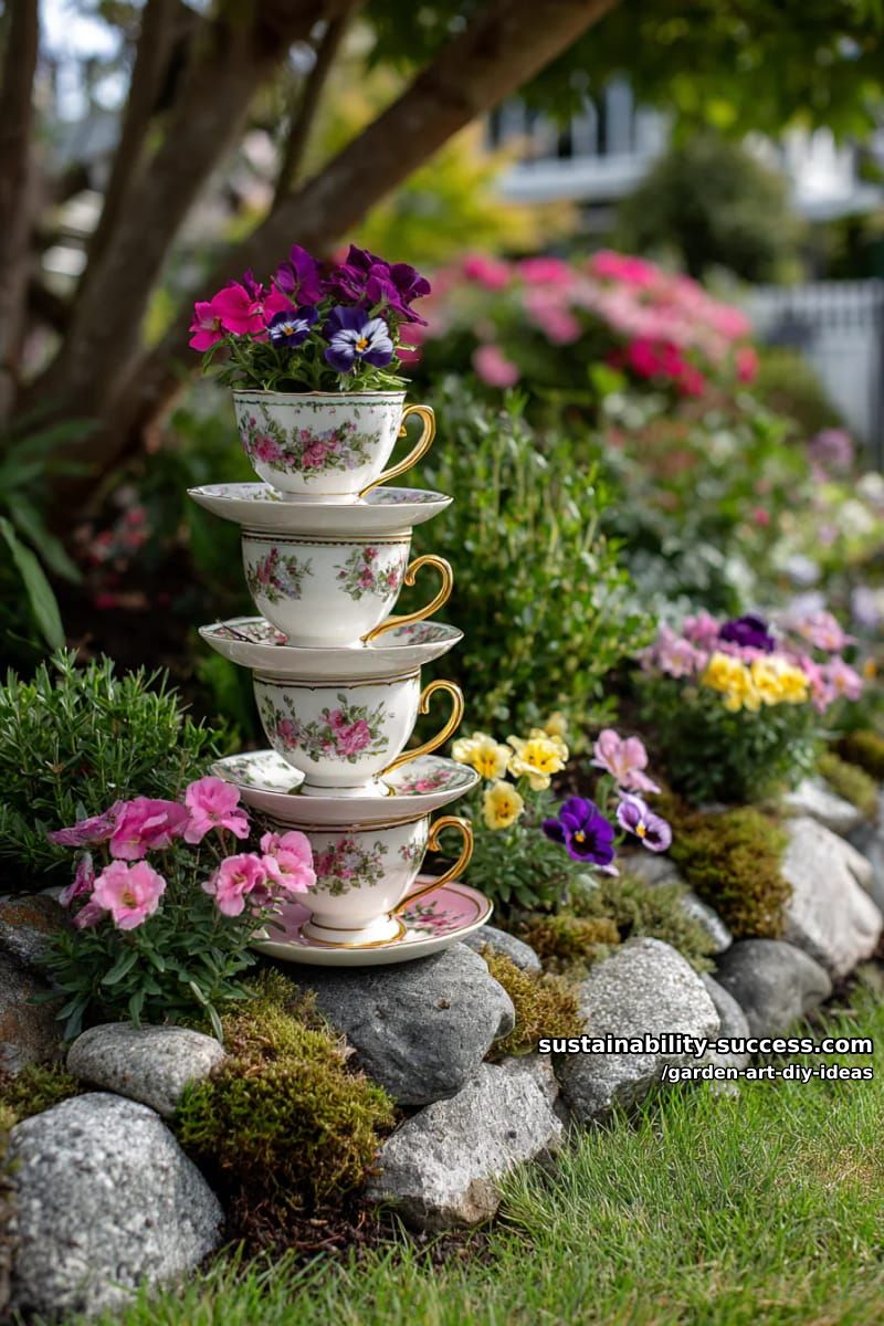 23 Creative Garden Art DIY Ideas for a Unique Outdoor Decor 53 craft stacked teacup towers decorated with flowers for whimsical garden corners. 1