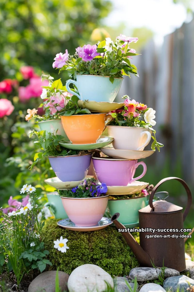 23 Creative Garden Art DIY Ideas for a Unique Outdoor Decor 54 craft stacked teacup towers decorated with flowers for whimsical garden corners. 1