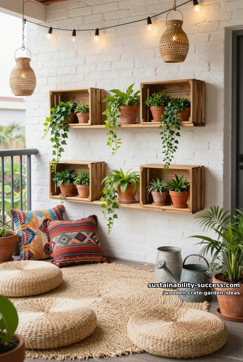 crate shelves with terracotta pots and trailing ivy for a boho balcony 1