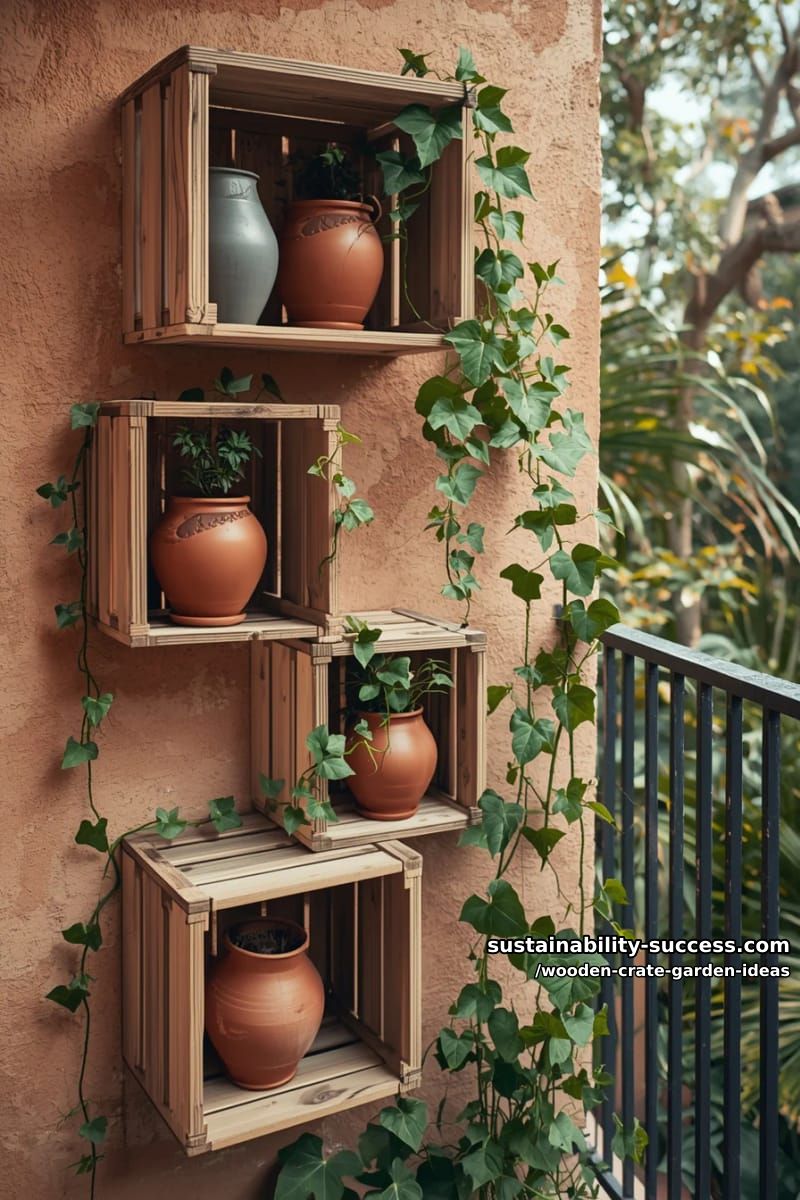 crate shelves with terracotta pots and trailing ivy for a boho balcony 1