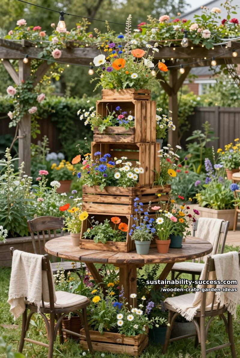 crate tower centerpiece overflowing with wildflowers for backyard gatherings 1