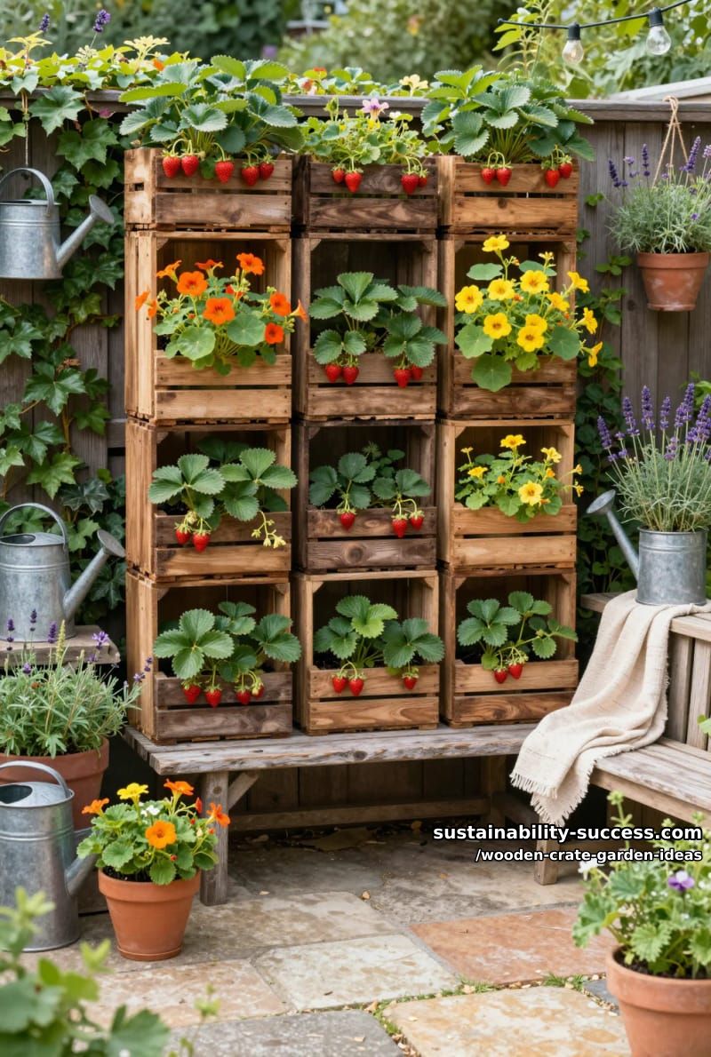 crate wall planter grid for strawberries and cascading nasturtiums 1