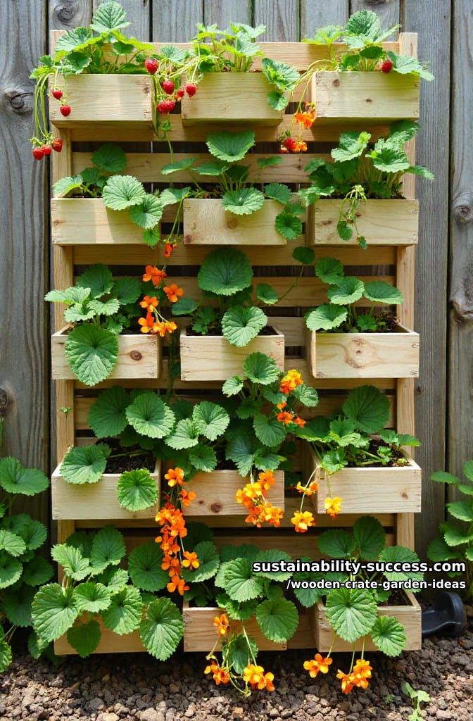 crate wall planter grid for strawberries and cascading nasturtiums 1