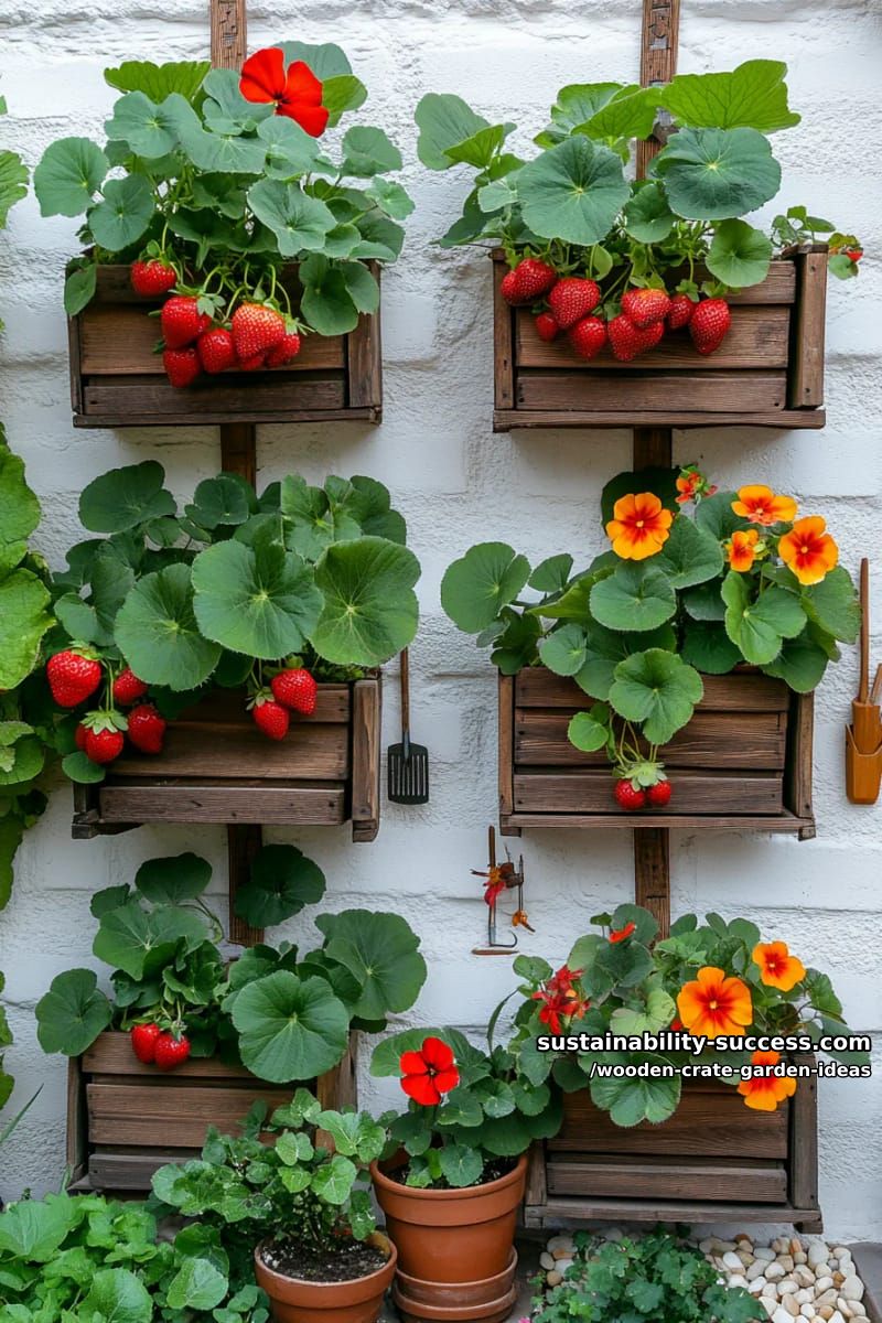 crate wall planter grid for strawberries and cascading nasturtiums 1