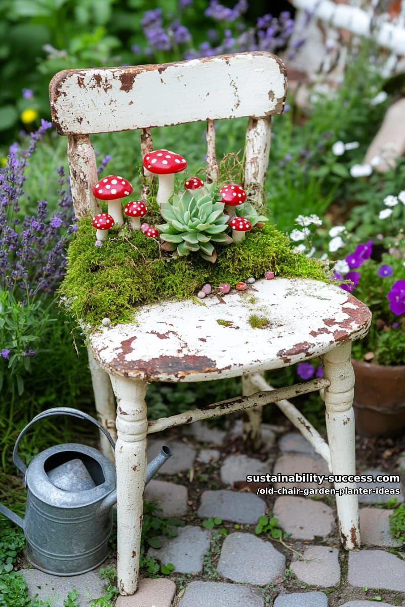 create a fairy garden seat planter with moss, mini mushrooms, and succulents 1