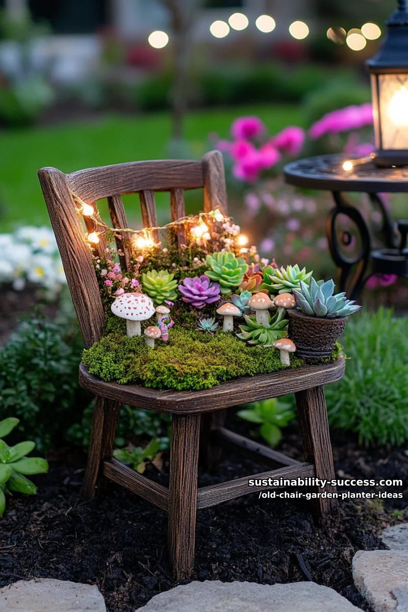 create a fairy garden seat planter with moss, mini mushrooms, and succulents 1