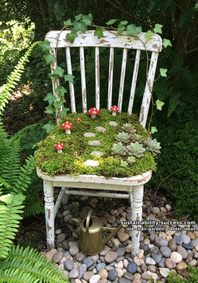 create a fairy garden seat planter with moss, mini mushrooms, and succulents 1