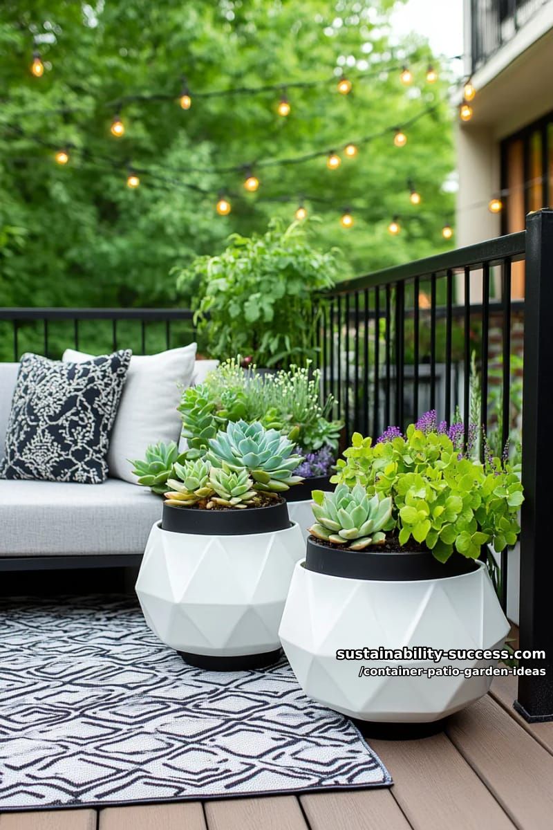 create a modern succulent display using geometric black-and-white planters. 1