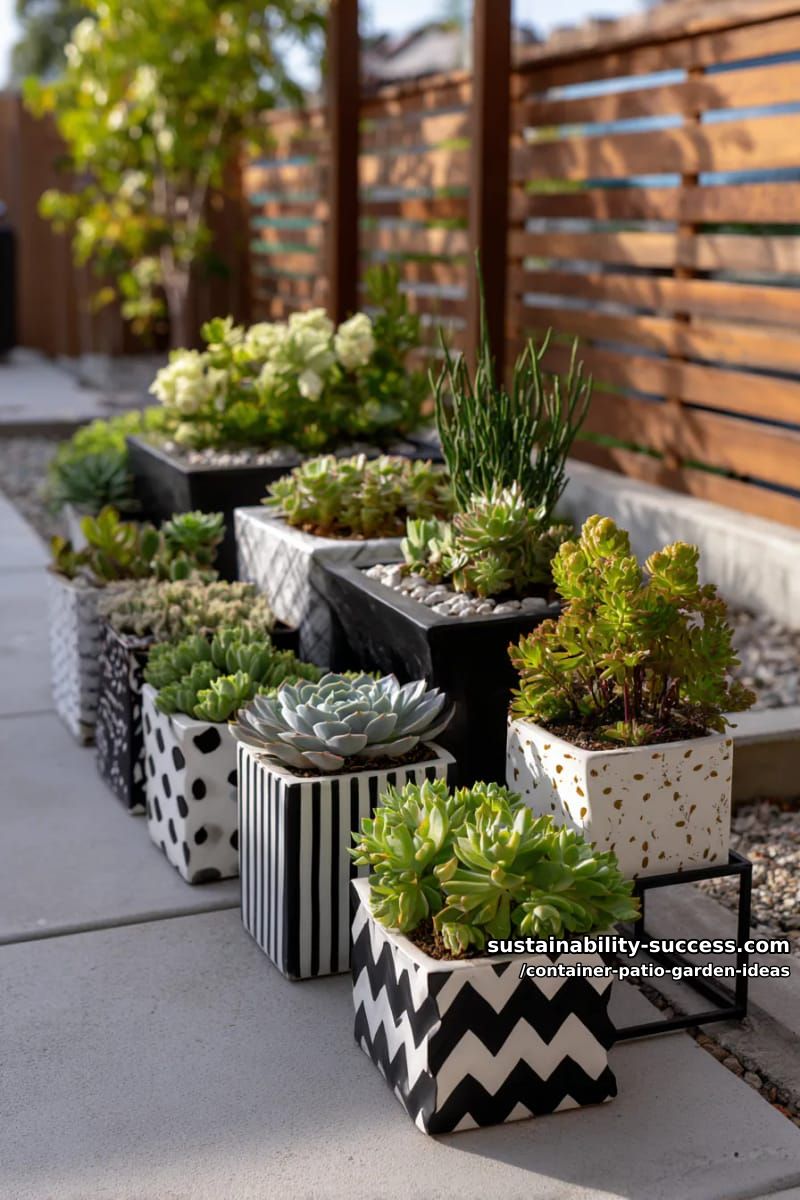 create a modern succulent display using geometric black-and-white planters. 1