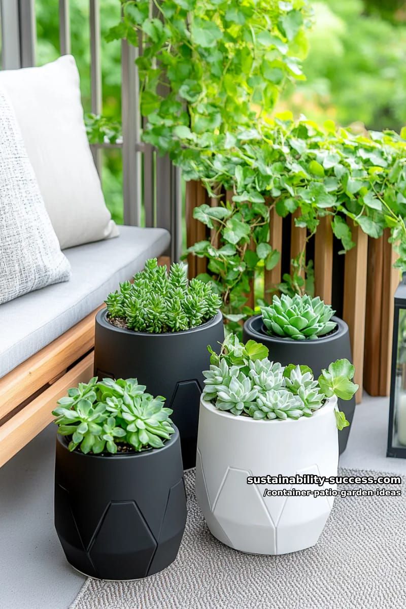 create a modern succulent display using geometric black-and-white planters. 1