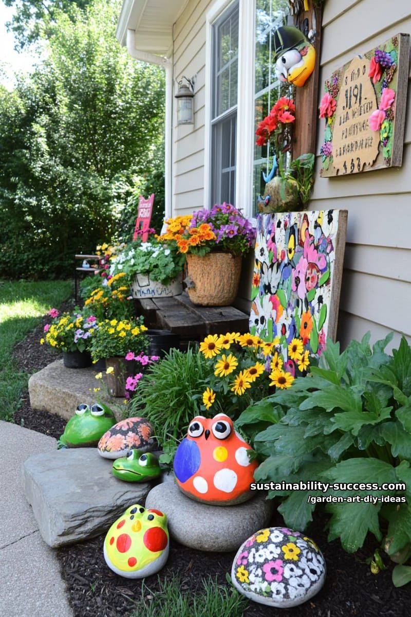 23 Creative Garden Art DIY Ideas for a Unique Outdoor Decor 8 create adorable stone animals for flower beds using river rocks and acrylics. 1