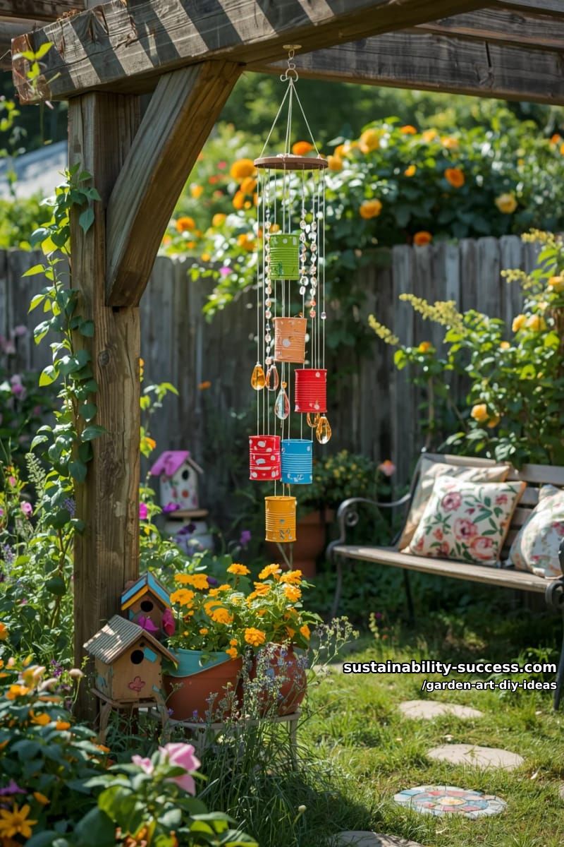 23 Creative Garden Art DIY Ideas for a Unique Outdoor Decor 34 create wind chimes using colorful tin cans and dangling beads. 1