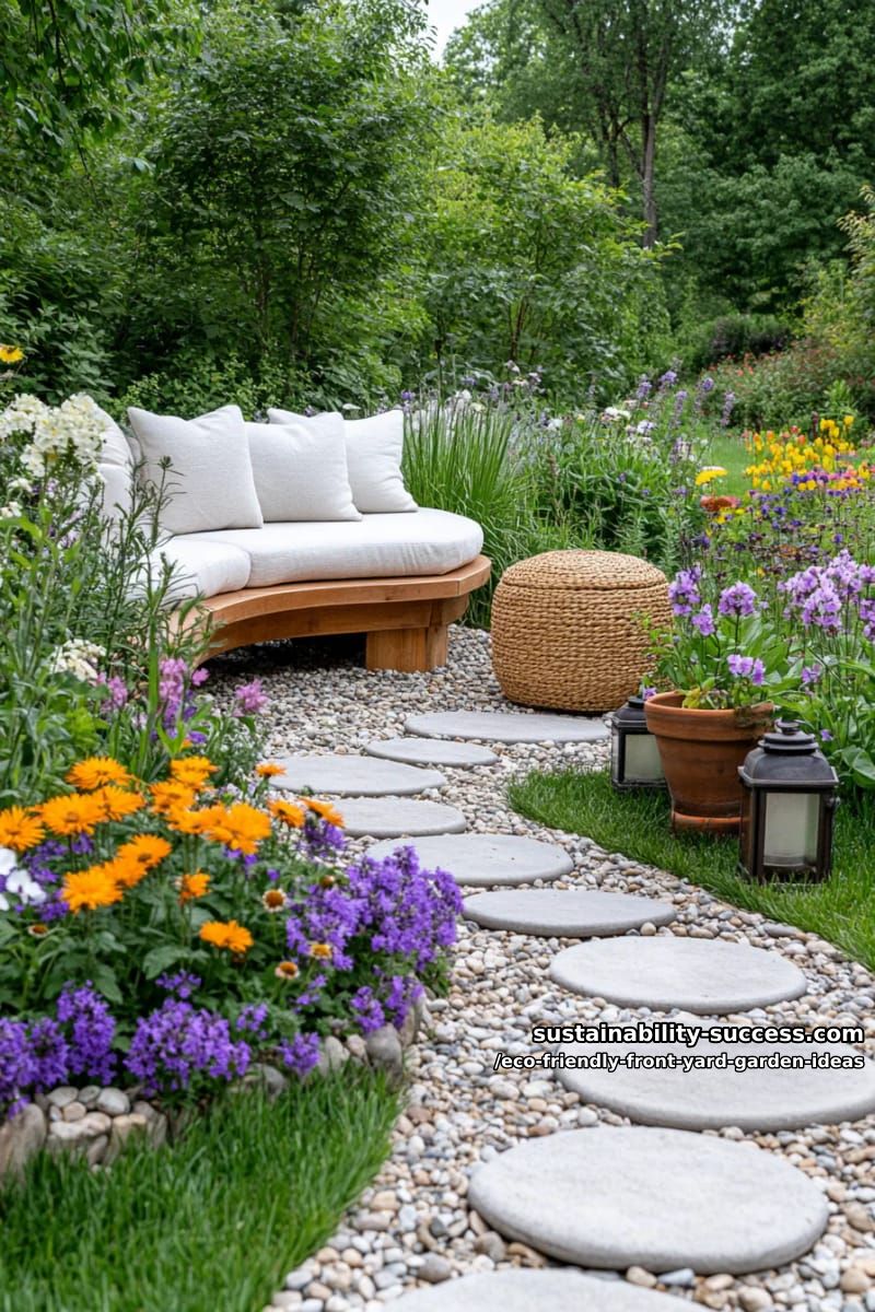 curved pebble pathways leading to a cozy circular wildflower seating nook 1