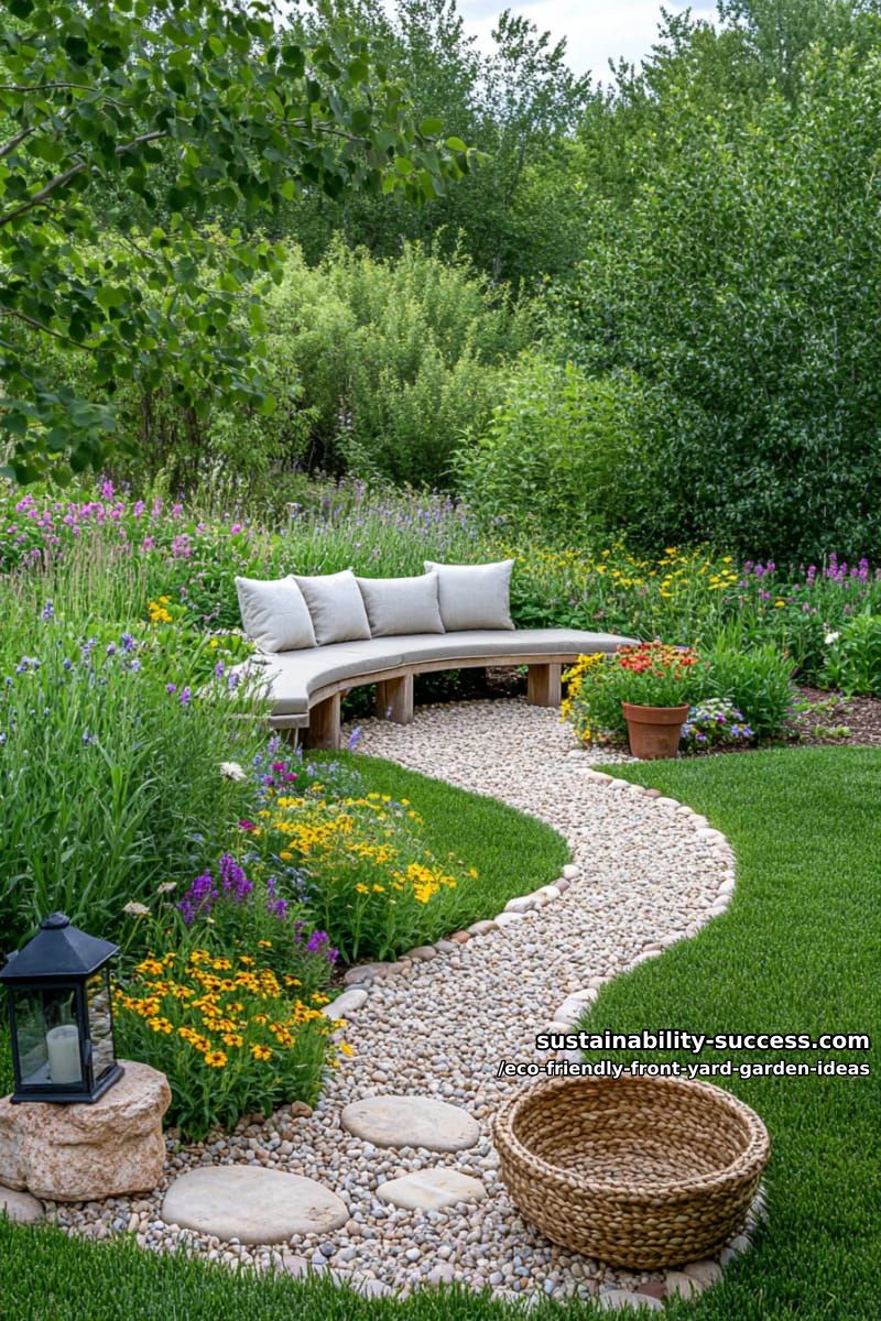curved pebble pathways leading to a cozy circular wildflower seating nook 1