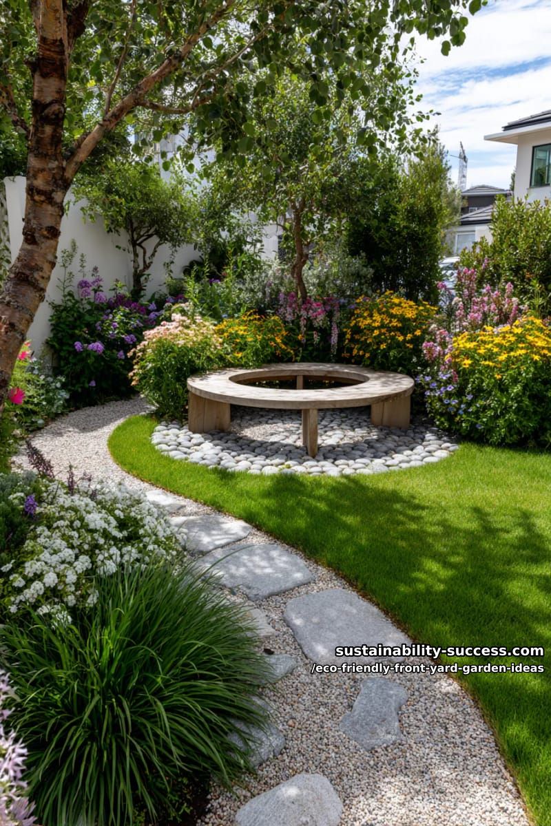 curved pebble pathways leading to a cozy circular wildflower seating nook 1