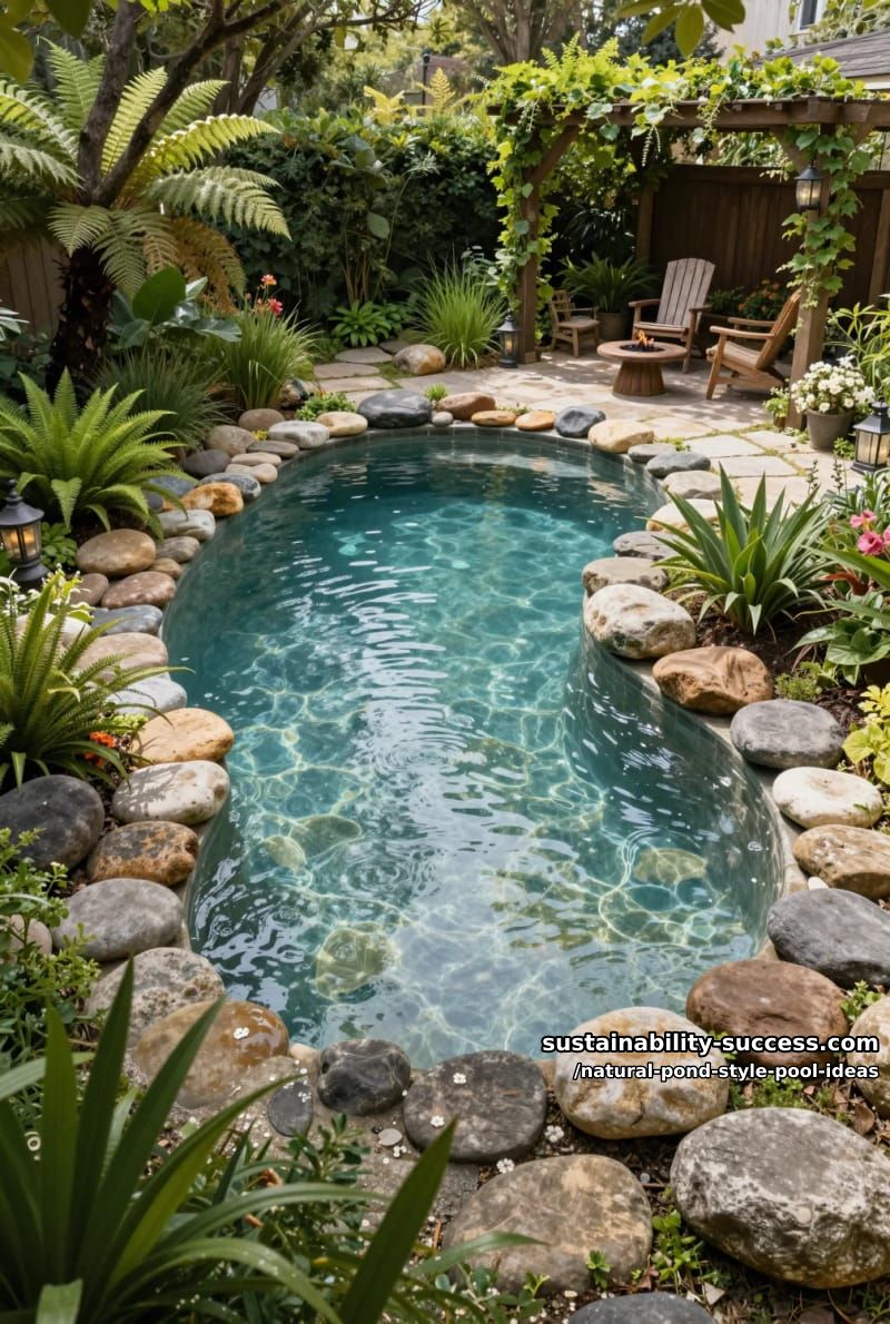 curved pool edges lined with river stones and lush backyard greenery 1