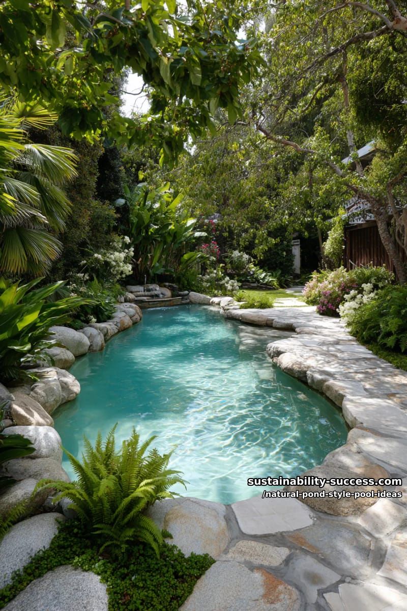 curved pool edges lined with river stones and lush backyard greenery 1