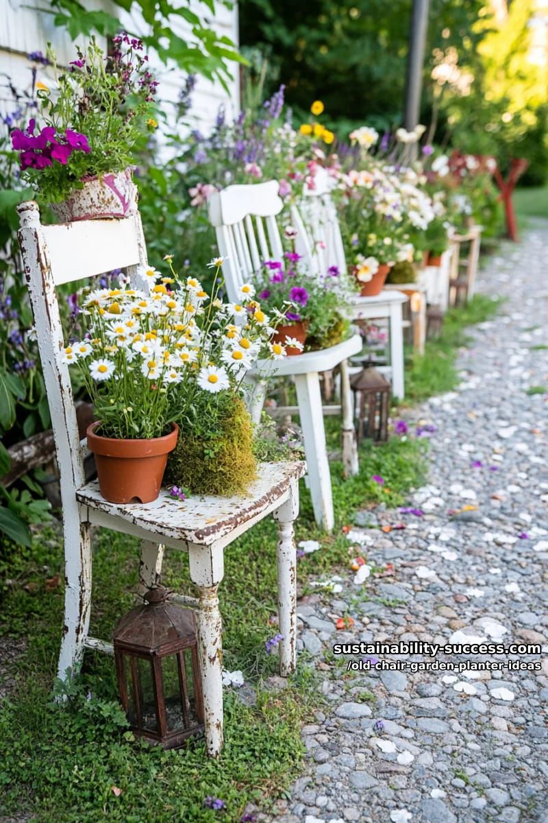 decorate a garden path with a row of mismatched chairs overflowing with wildflowers 1