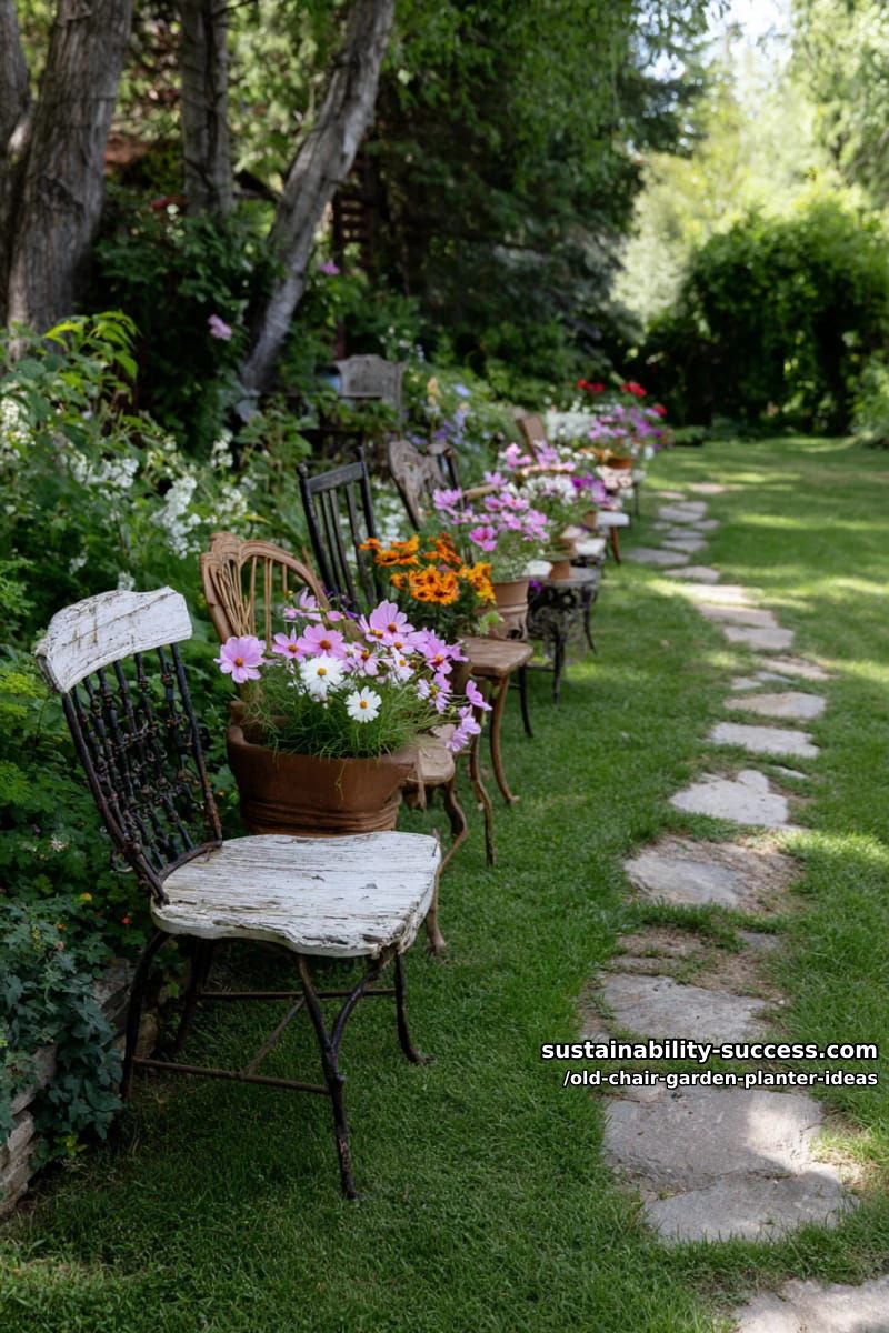 decorate a garden path with a row of mismatched chairs overflowing with wildflowers 1