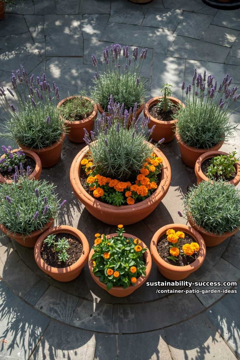design a circular container layout with lavender, rosemary, and marigolds. 1