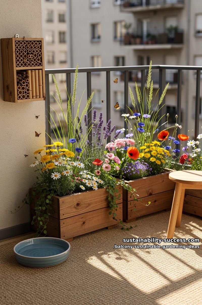 design a pollinator-friendly balcony garden with wildflowers and bee hotels 1