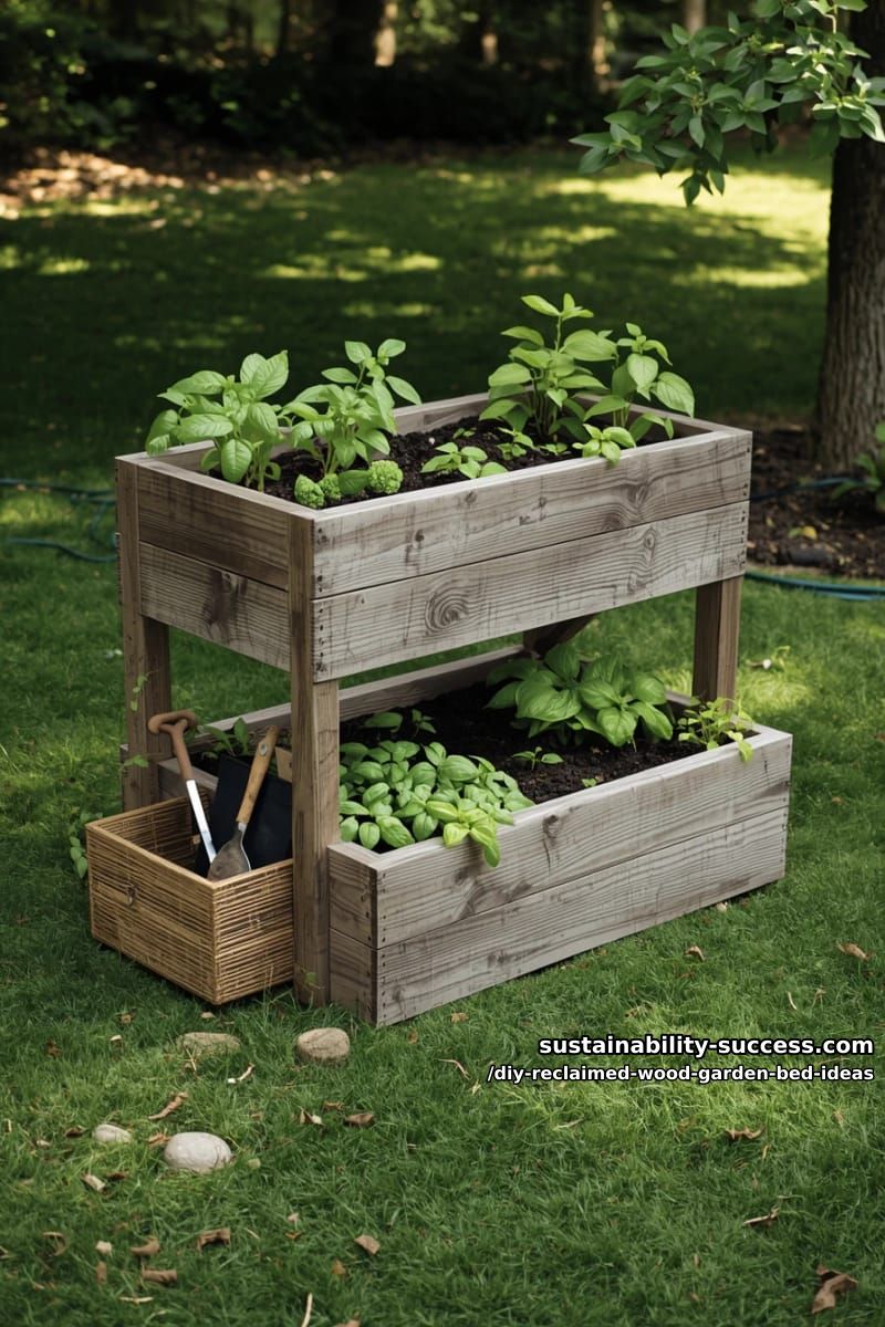 15 DIY Reclaimed Wood Garden Bed Ideas for Vibrant Backyards 23 double-decker garden bed with integrated tool storage cubby 1