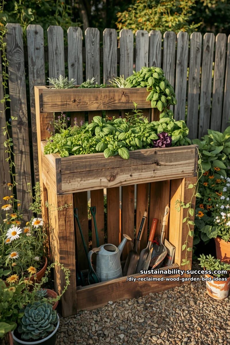 15 DIY Reclaimed Wood Garden Bed Ideas for Vibrant Backyards 25 double-decker garden bed with integrated tool storage cubby 1