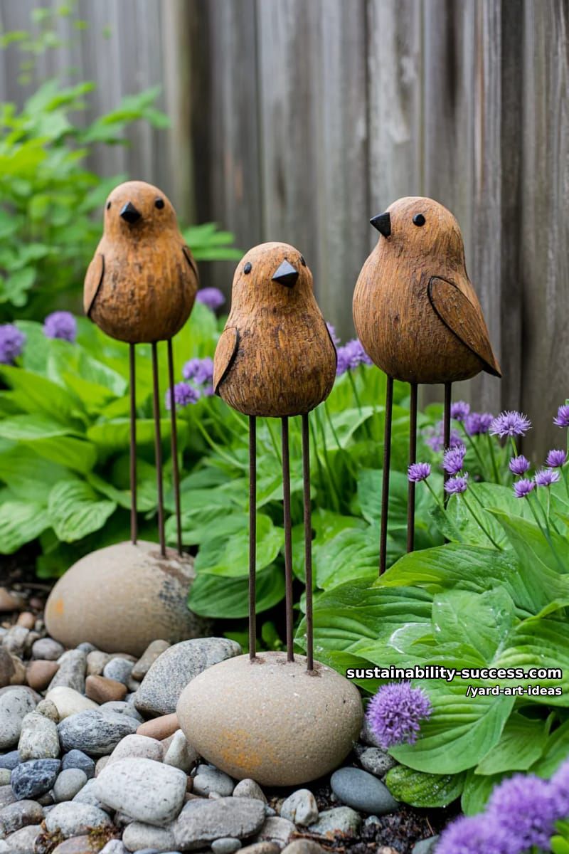 driftwood bird sculptures perched on decorative garden stakes 1