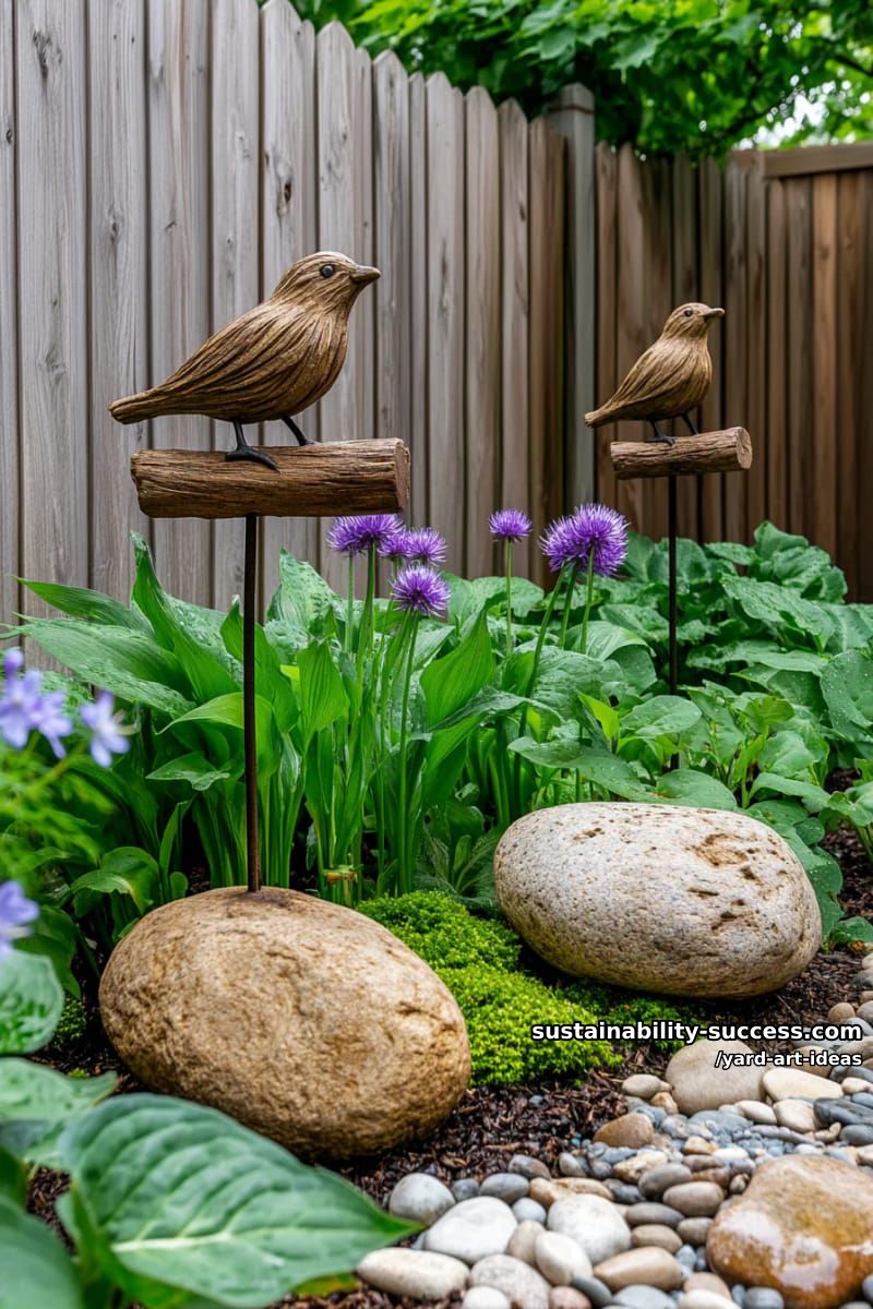 driftwood bird sculptures perched on decorative garden stakes 1