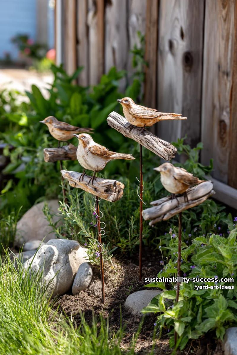 driftwood bird sculptures perched on decorative garden stakes 1