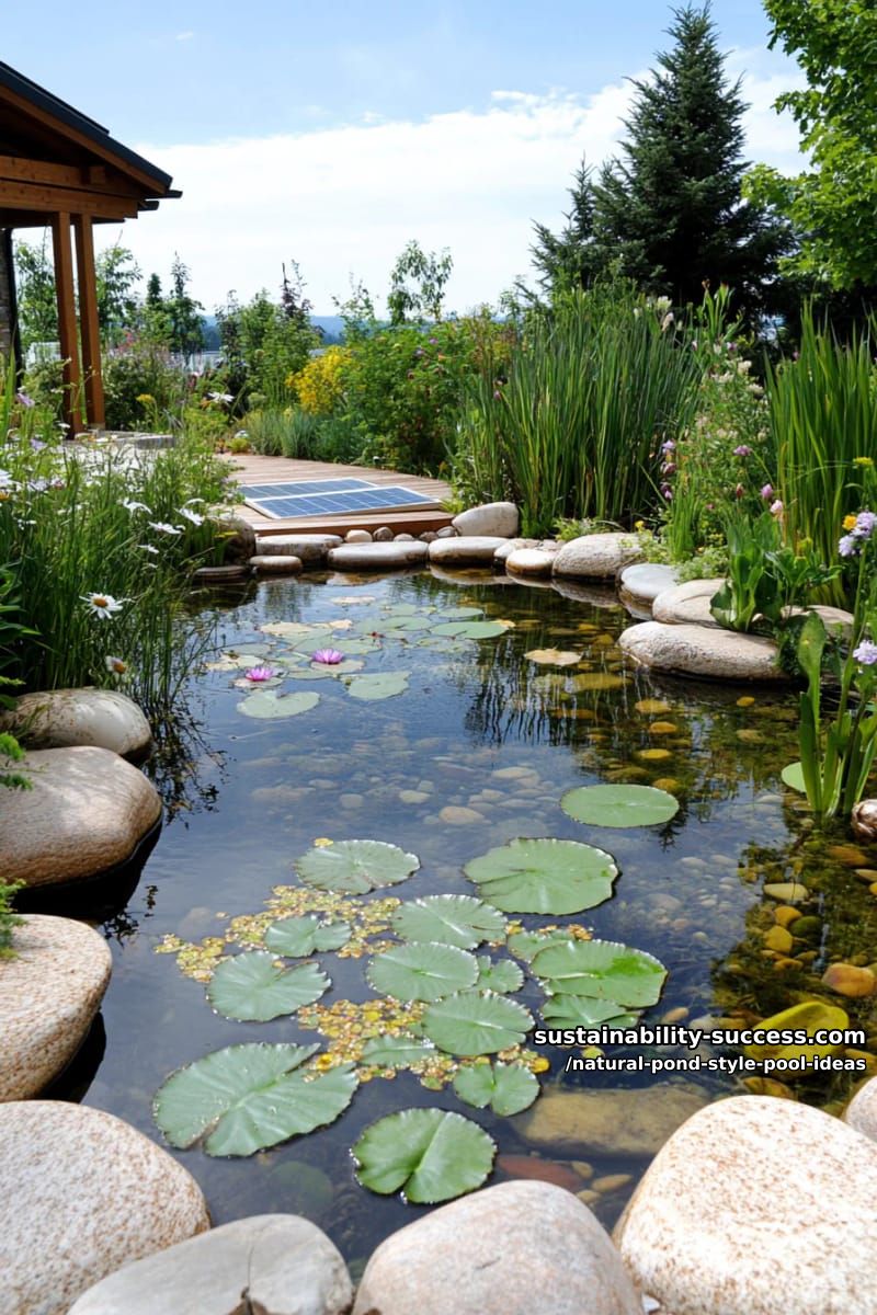 eco-friendly pond featuring solar-powered filtration and native aquatic wildlife 1