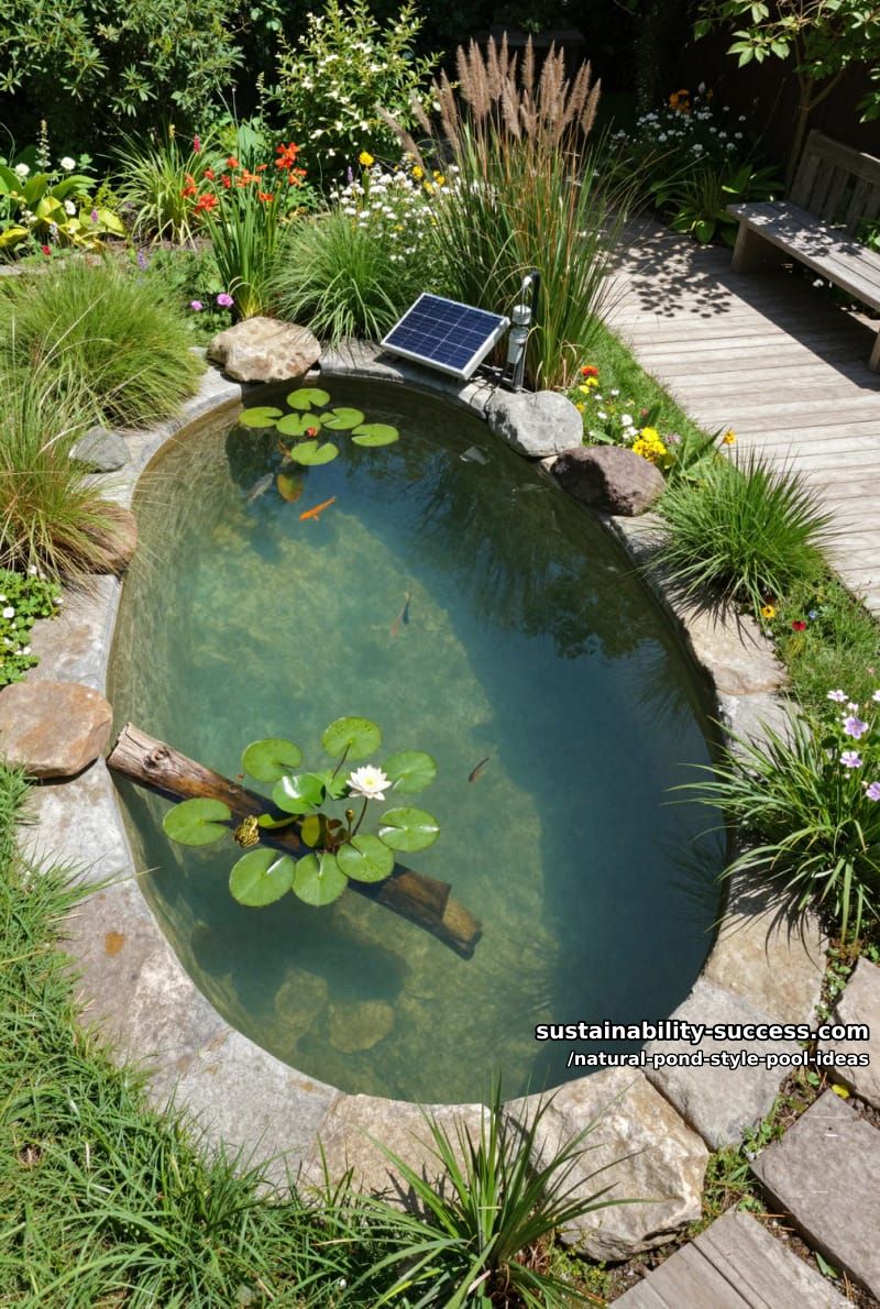 eco-friendly pond featuring solar-powered filtration and native aquatic wildlife 1