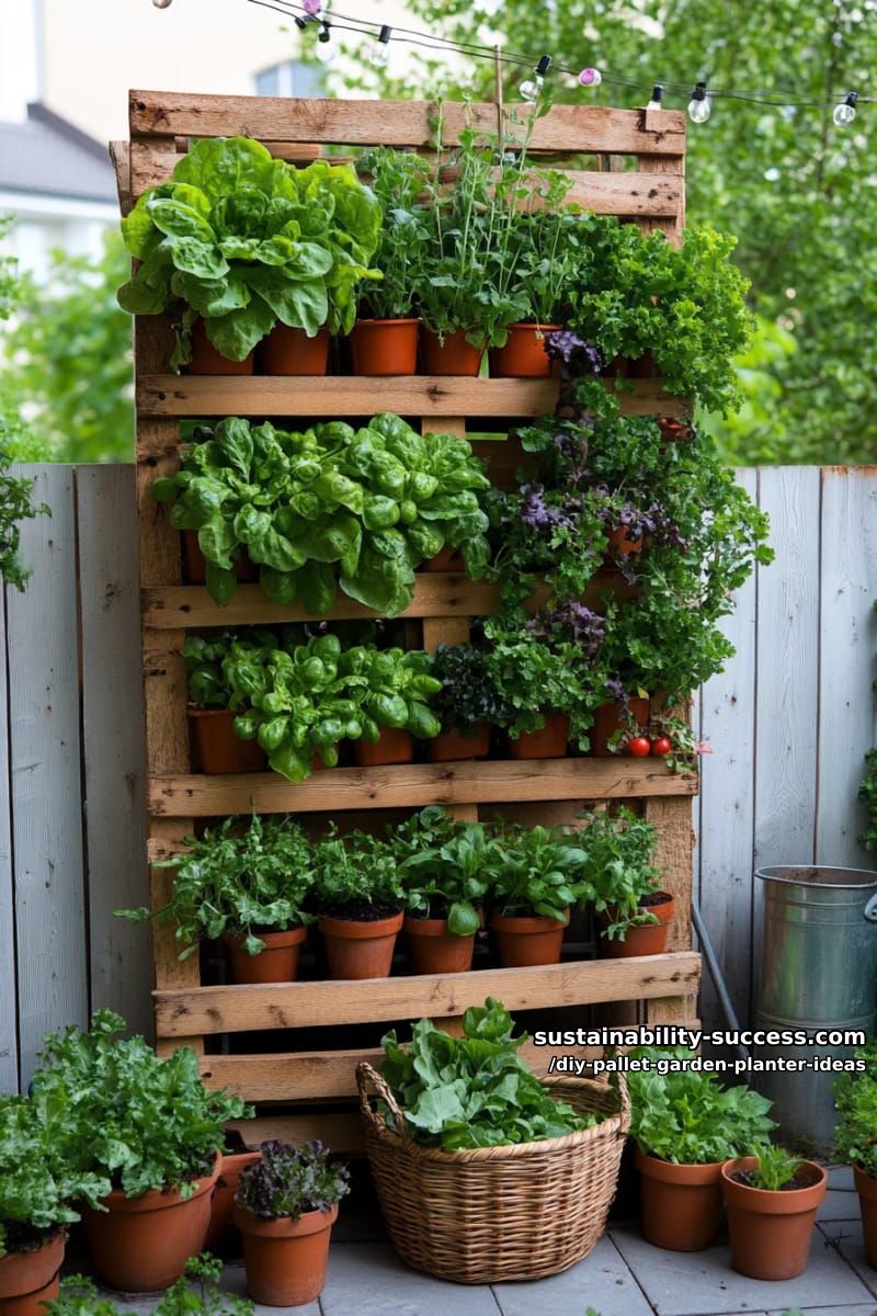 edible salad garden in a pallet propped against the patio fence 1