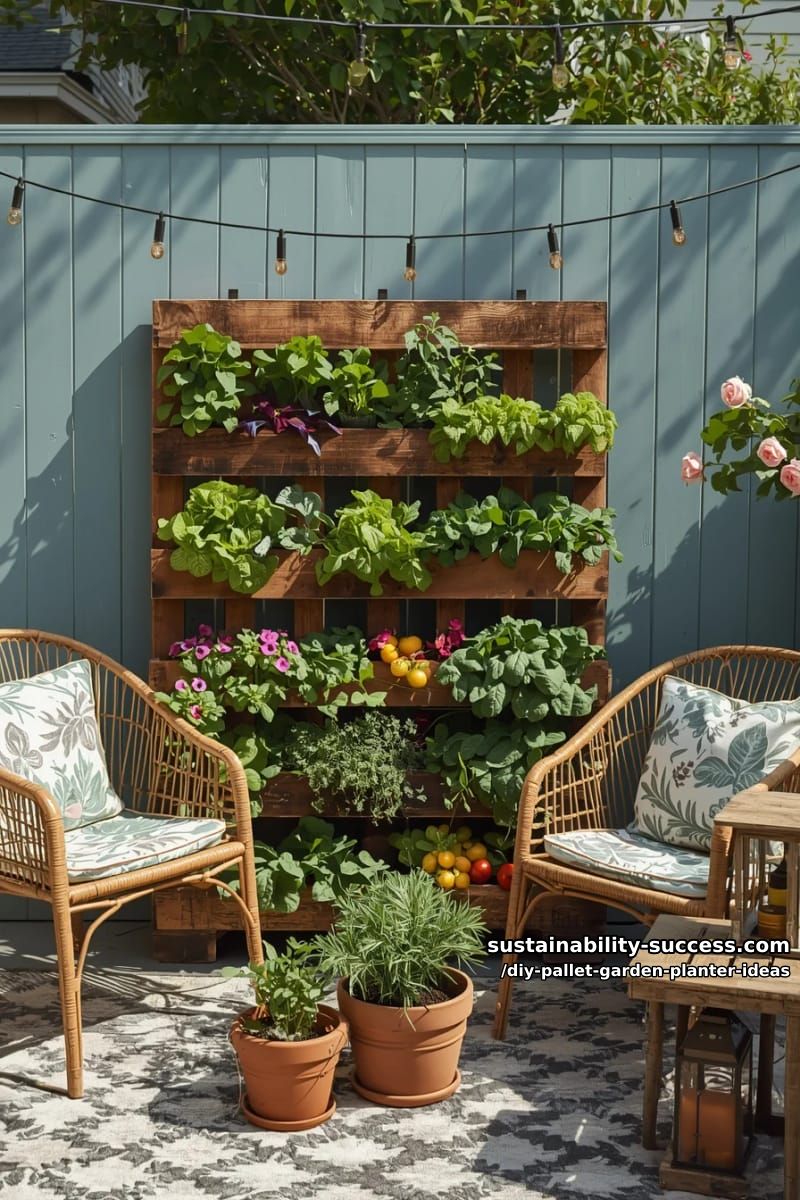 edible salad garden in a pallet propped against the patio fence 1