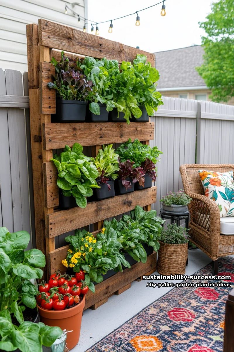 edible salad garden in a pallet propped against the patio fence 1