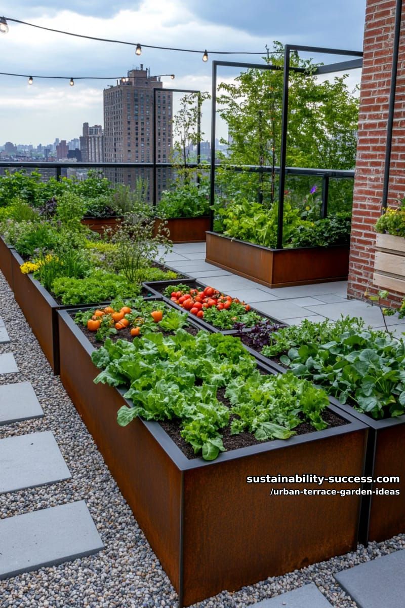 edible vegetable beds with steel edging and artistic stepping stone paths 1