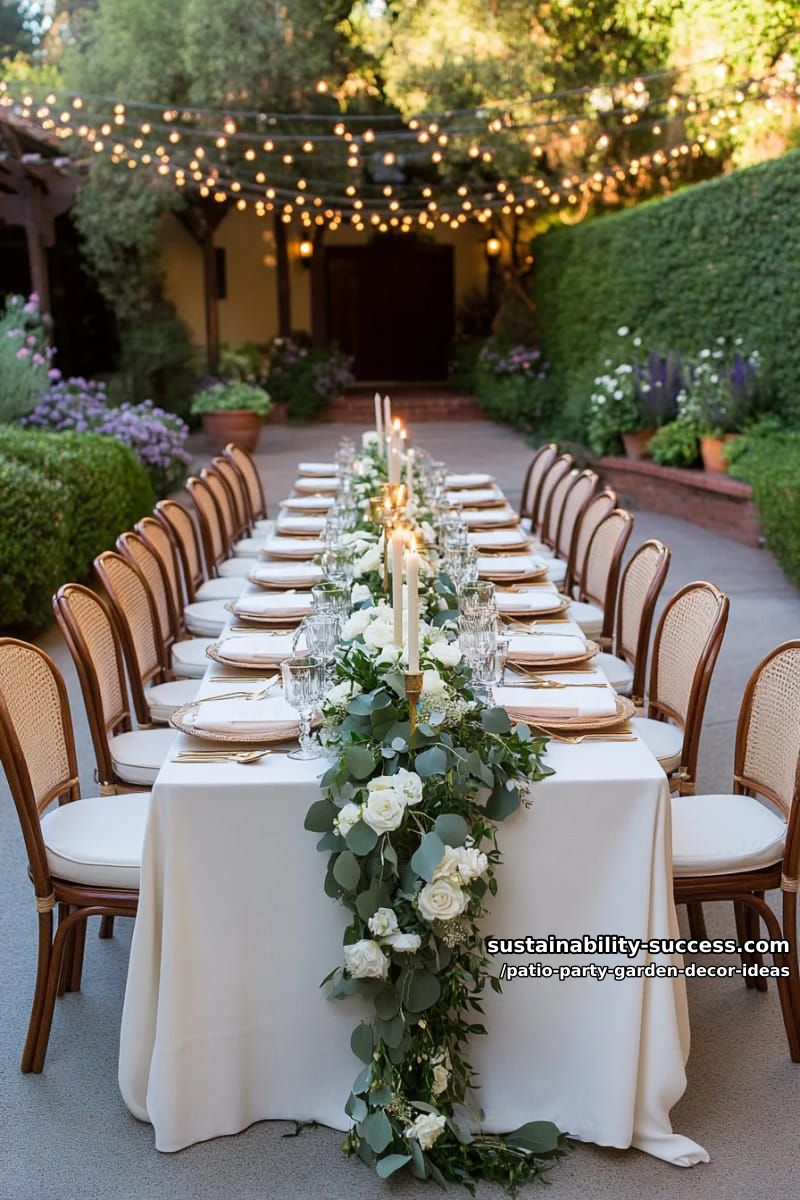 elegant long banquet table draped in greenery garlands and taper candles 1