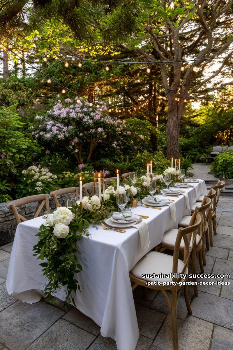 elegant long banquet table draped in greenery garlands and taper candles 1