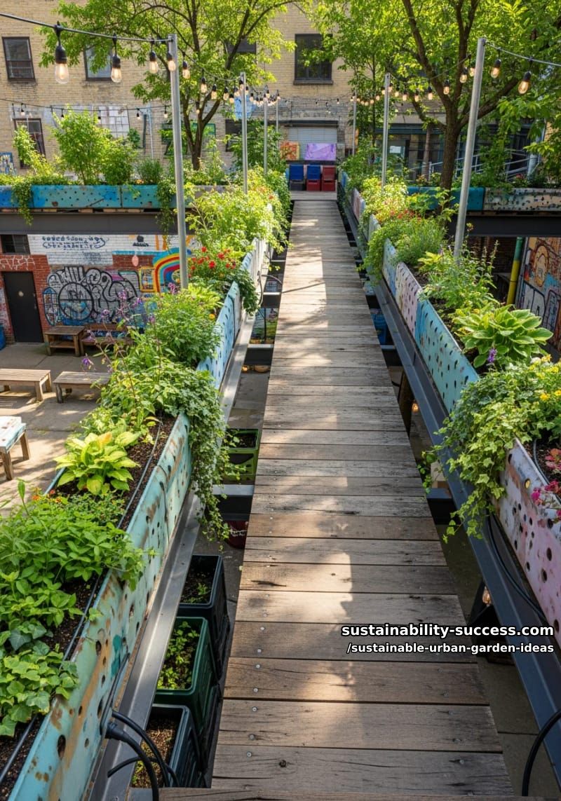 elevated garden walkways with built-in recycled planter rails 1