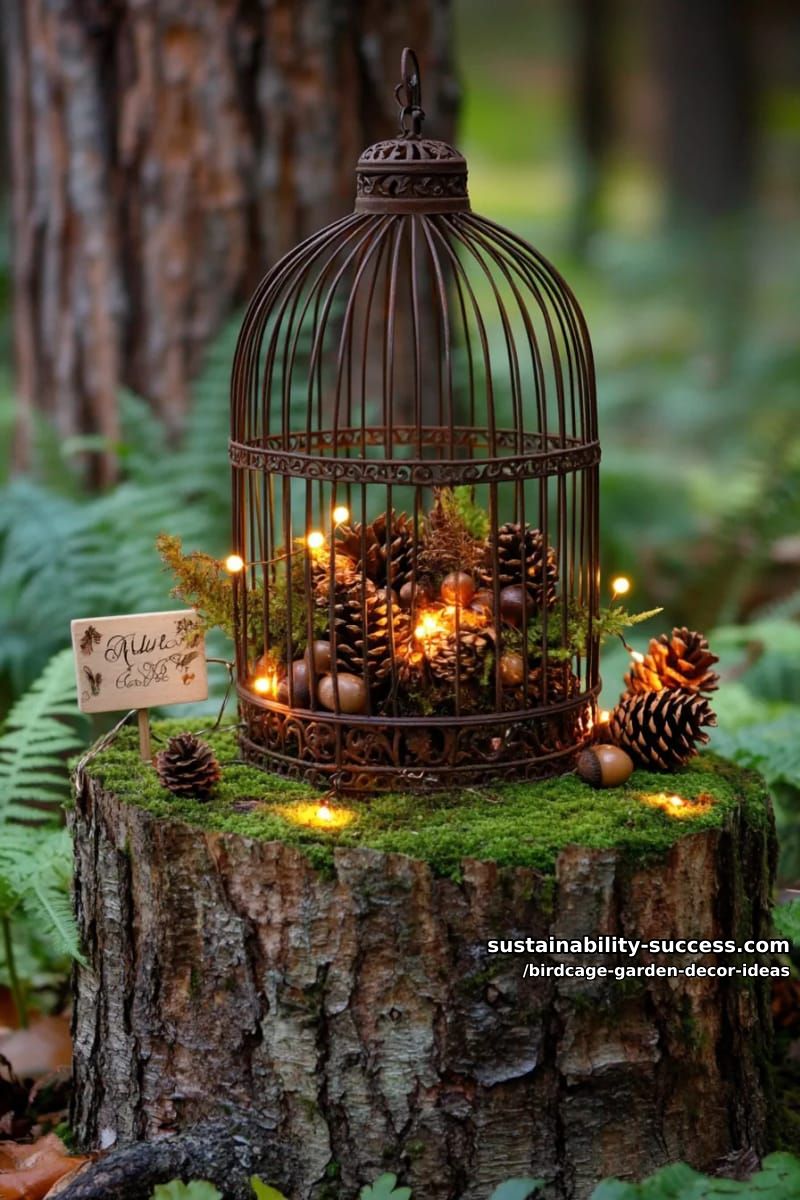 enchanted woodland birdcage with glowing fairy lights and pinecones 1