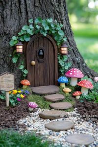 fairy door installations at the base of backyard trees 19