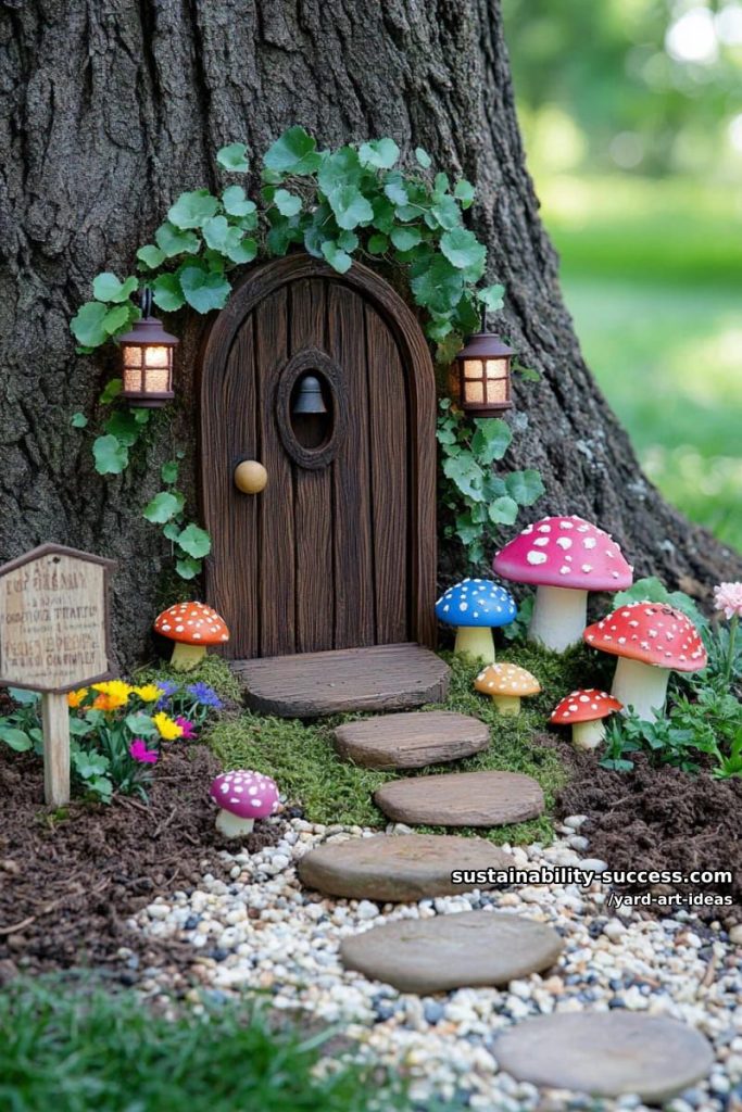 fairy door installations at the base of backyard trees 19